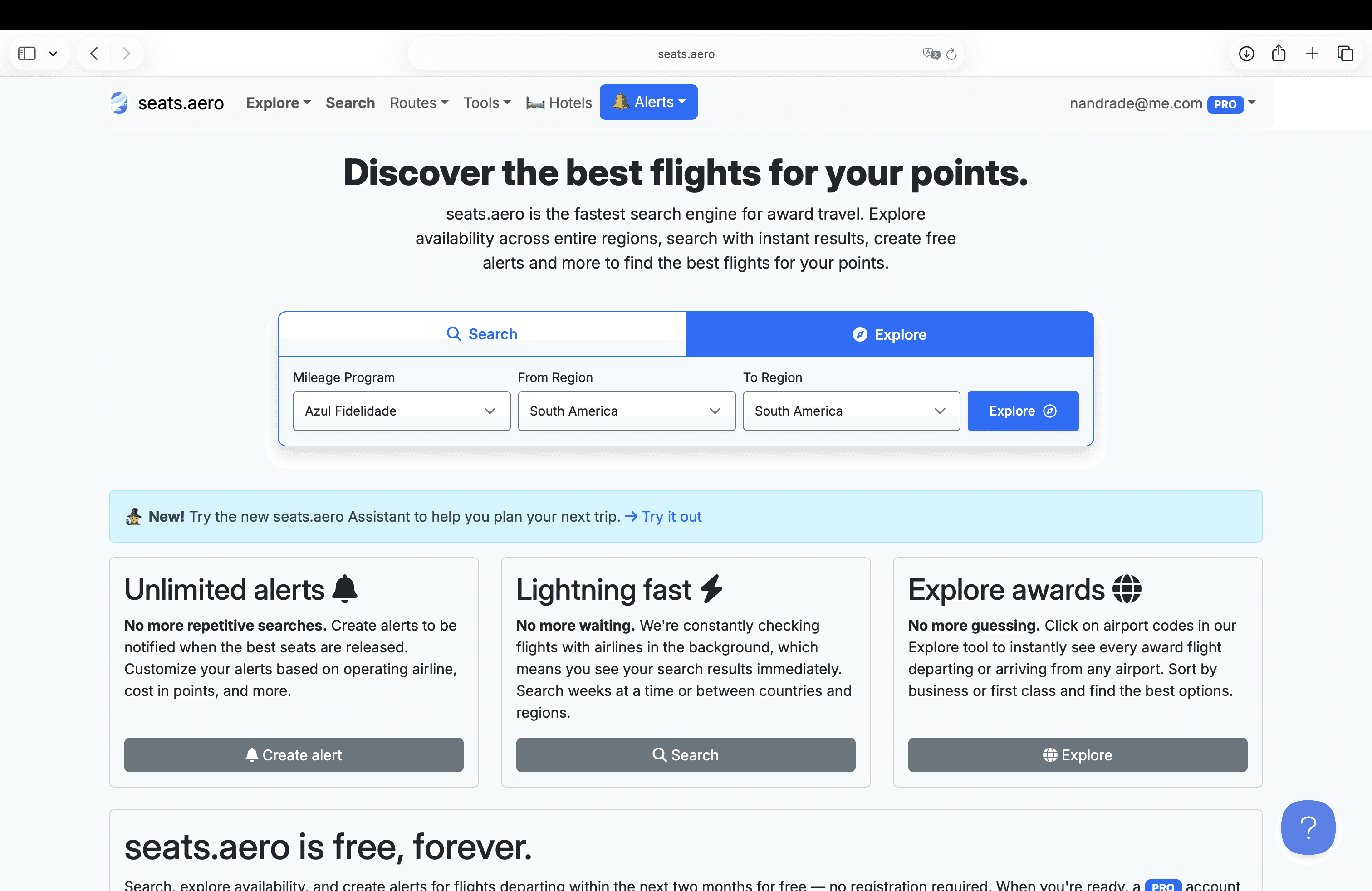 Tela do Seats.aero na aba Explore com filtros selecionados para Azul Fidelidade e rota América do Sul para América do Sul, usada para buscar passagens com milhas