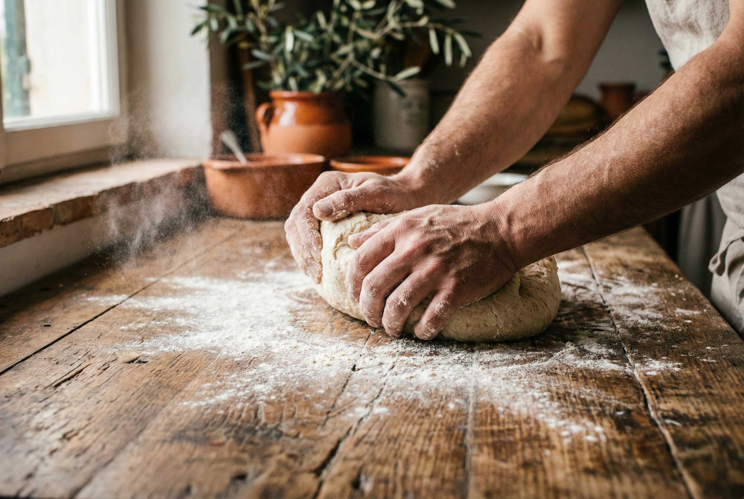 A person kneads fresh dough on a wooden kitchen counter dusted with flour, with pottery and a plant visible in the background, evoking a rustic baking atmosphere.