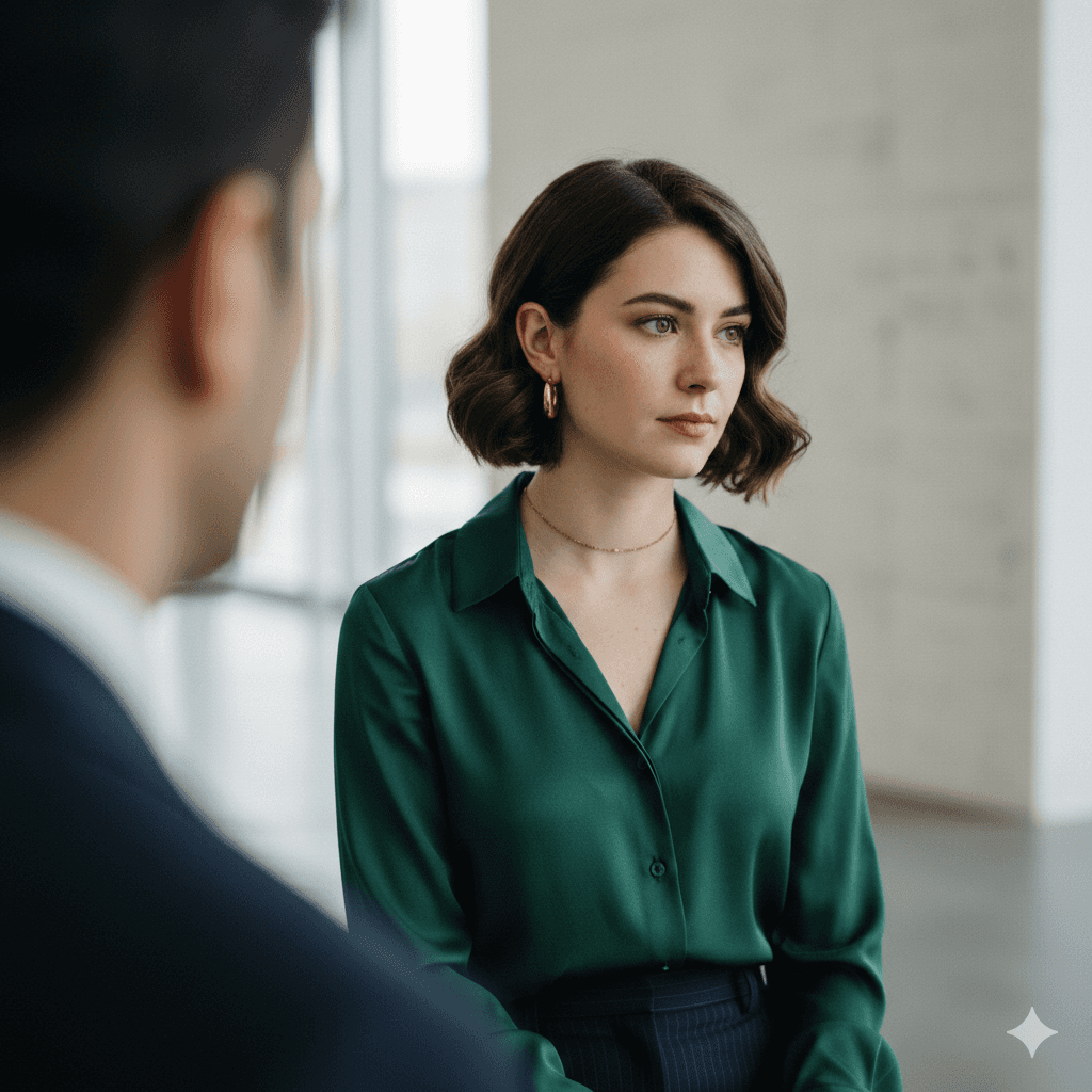 Woman in green silk blouse looking thoughtfully at a colleague.