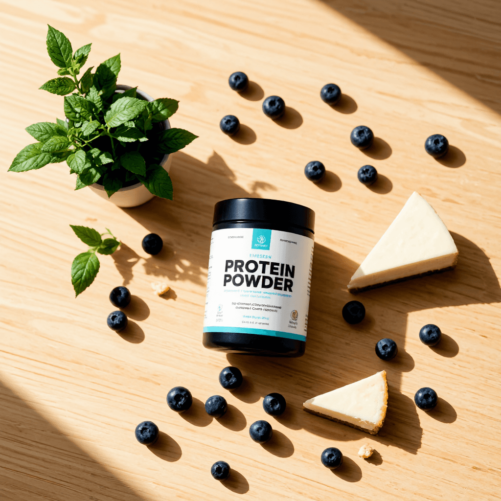 product photography of container of protein powder