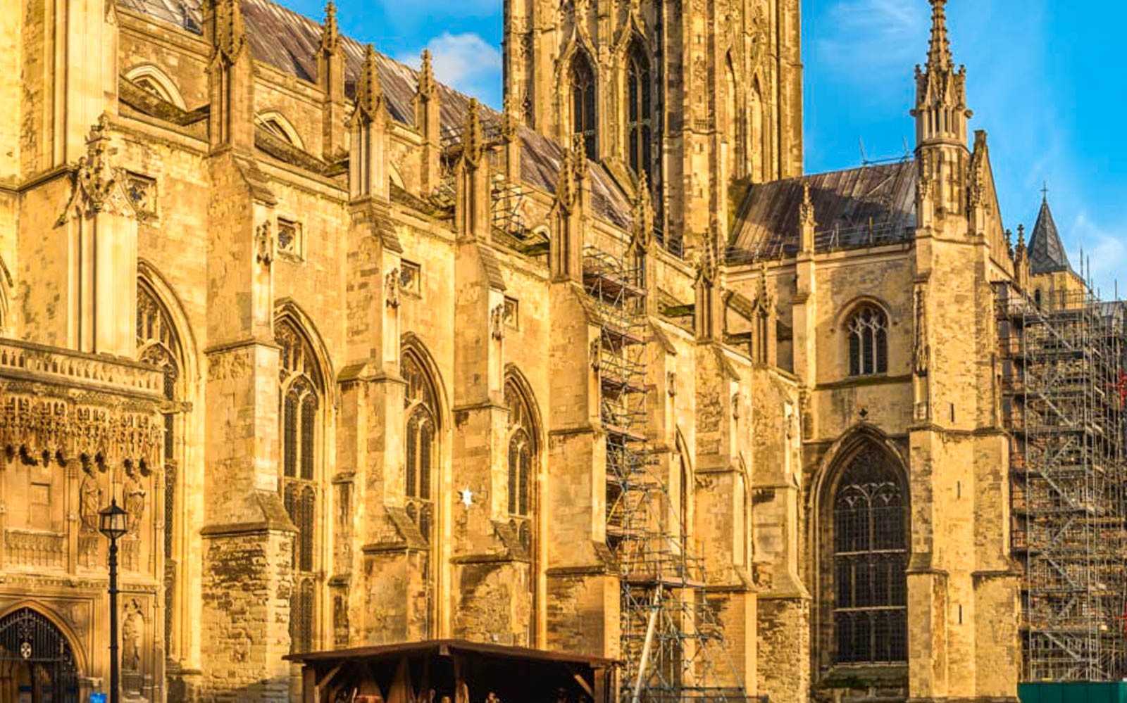 Canterbury Cathedral exterior with Gothic architecture details.
