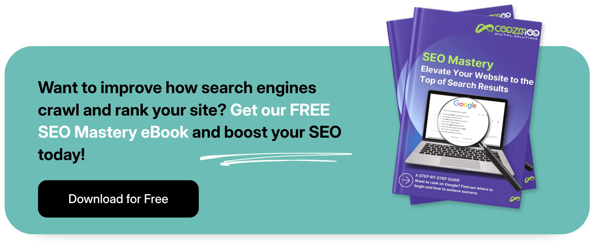 A call-to-action of Coozmoo's SEO Mastery ebook