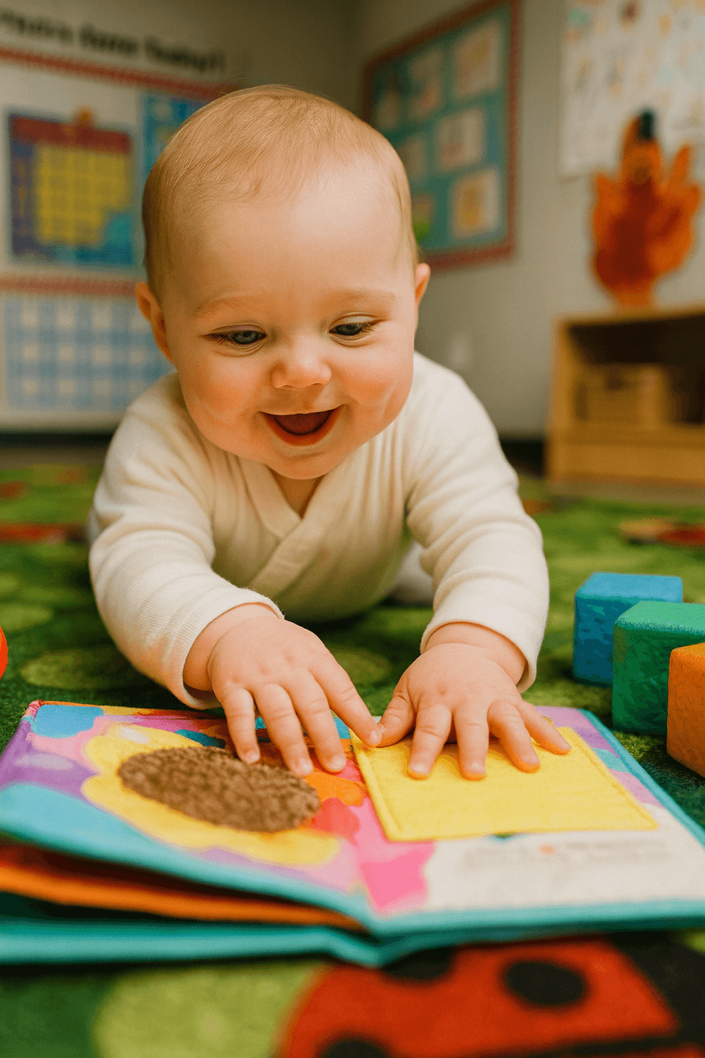 Baby playing on the floor, smiling while exploring a sensory book with textures.