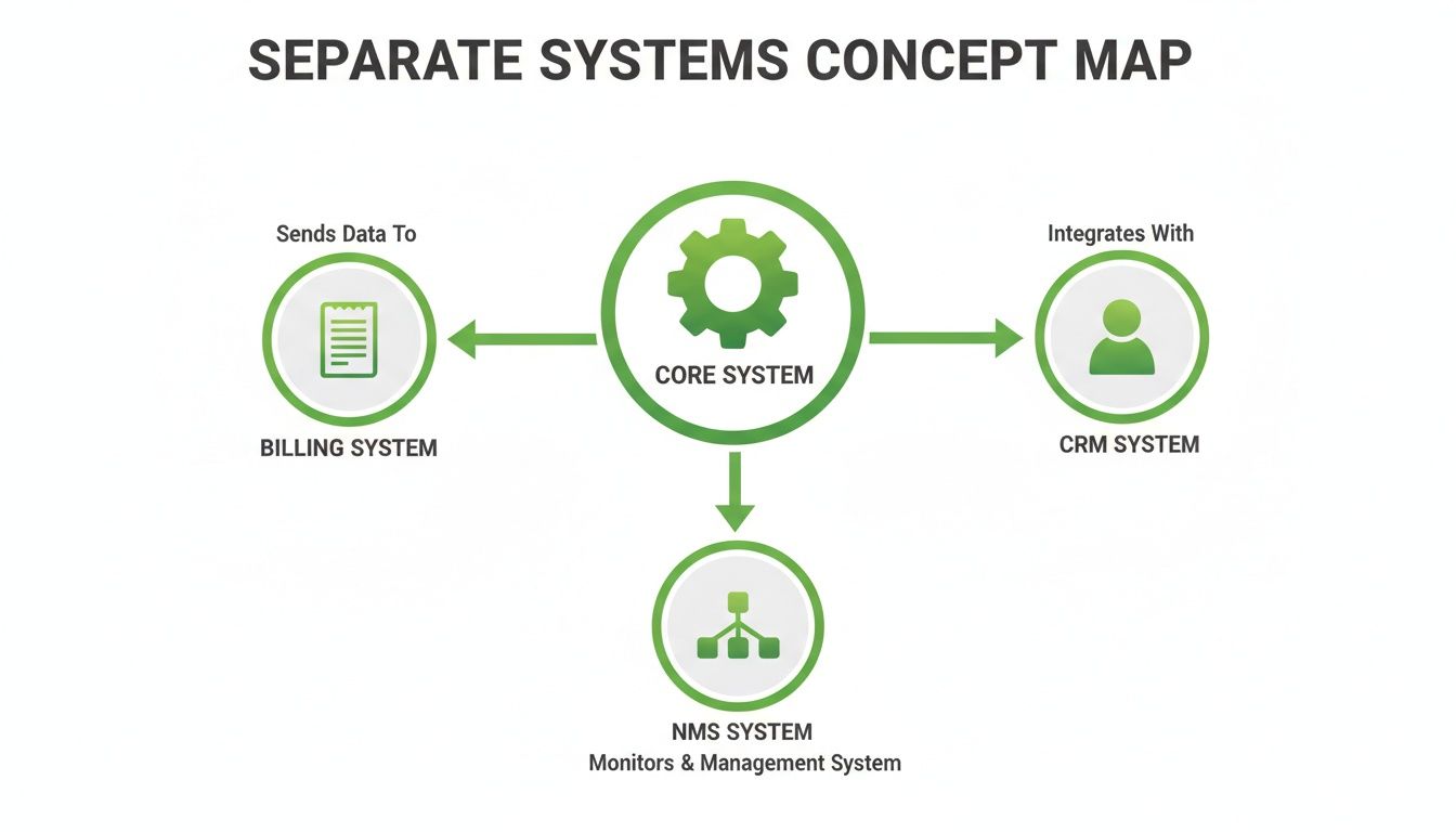 A concept map illustrating a core system integrating with separate billing, CRM, and NMS systems.