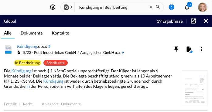 Ausschnitt der Volltextsuche in Actaport: Nur die Schlagwörter Kündigung in bearbeitung wurden eingegeben, das Dokument wird als erstes angezeigt
