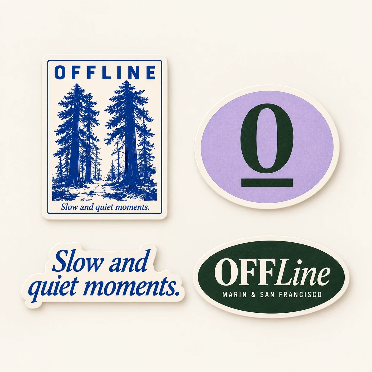 Four individual sticker designs with redwoods, the underlined O, Slow and quiet moments and the OFFLine wordmark.
