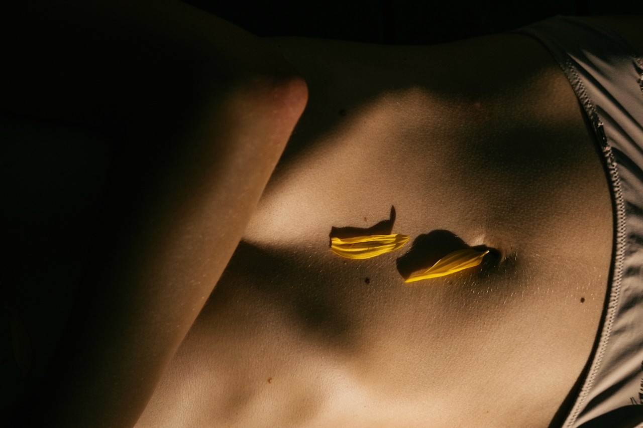Gros plan sur l'abdomen d'une personne avec deux pétales jaunes près du nombril, éclairé par un fort soleil et des ombres.