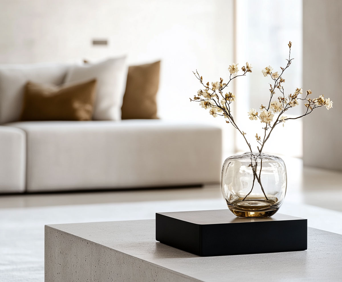 Eine Glasvase mit zarten weißen Blumen steht auf einem schwarzen Tablett auf einem hellen Tisch, während ein beiges Sofa und braune Kissen im Hintergrund dieses minimalistischen Wohnzimmers in einer CGI-Rendering verschwimmen.