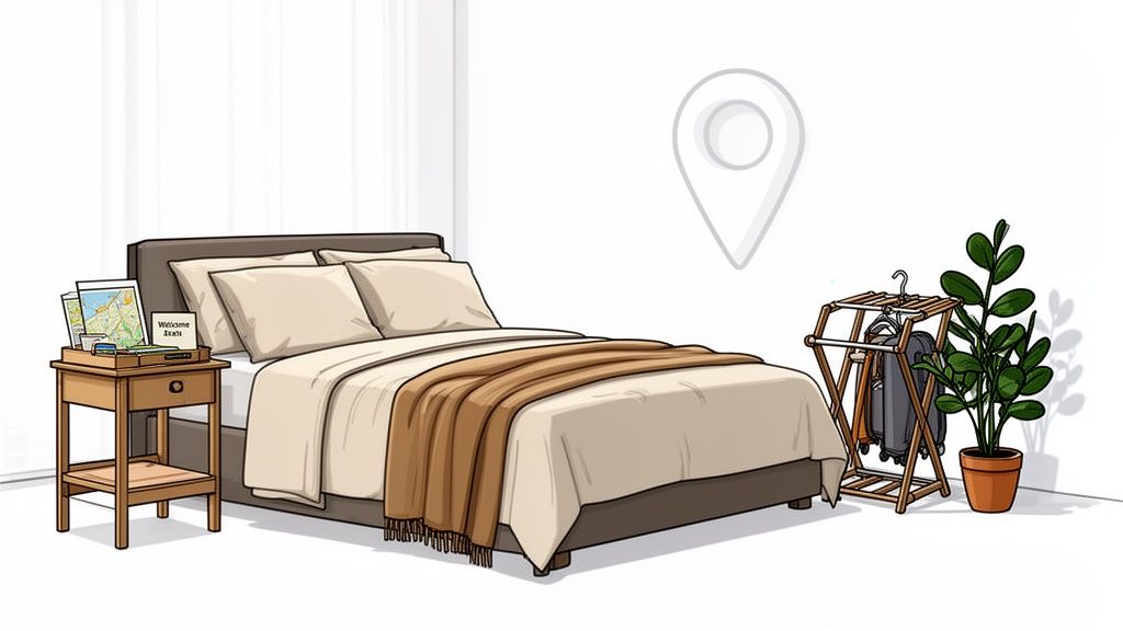 A welcoming guest room with a bed, nightstand, luggage rack, and a potted plant.