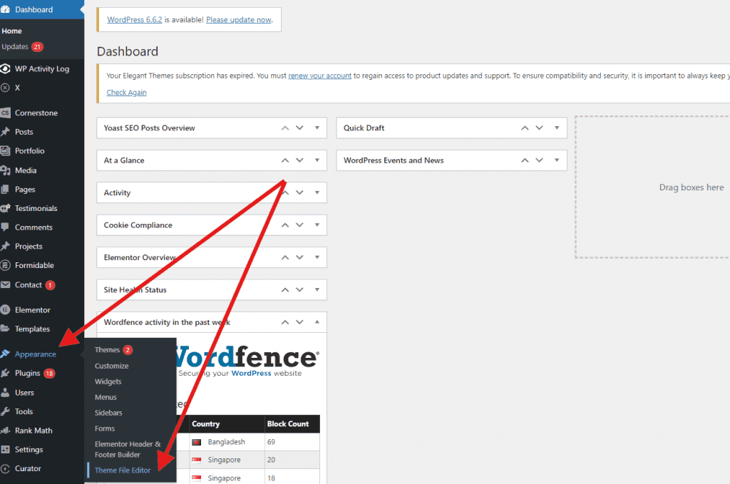 edit footer theme file editor tab