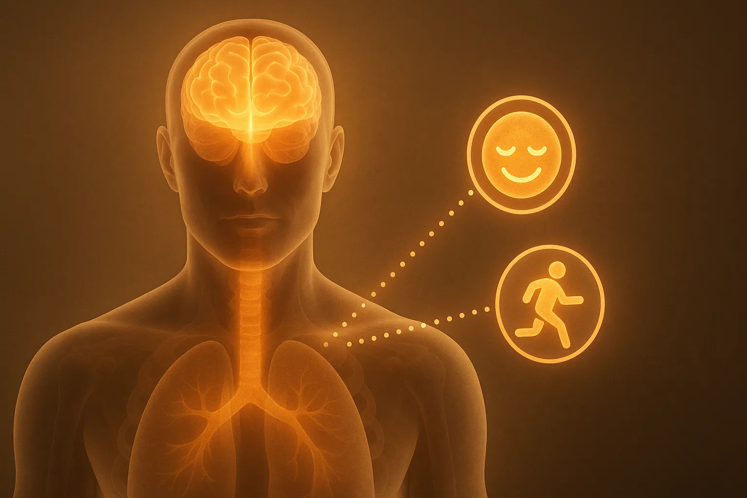 Beta-Endorphin - Glowing brain and spine with icons of a relaxed face and a runner, illustrating beta-endorphin’s mood and pain-relief effects