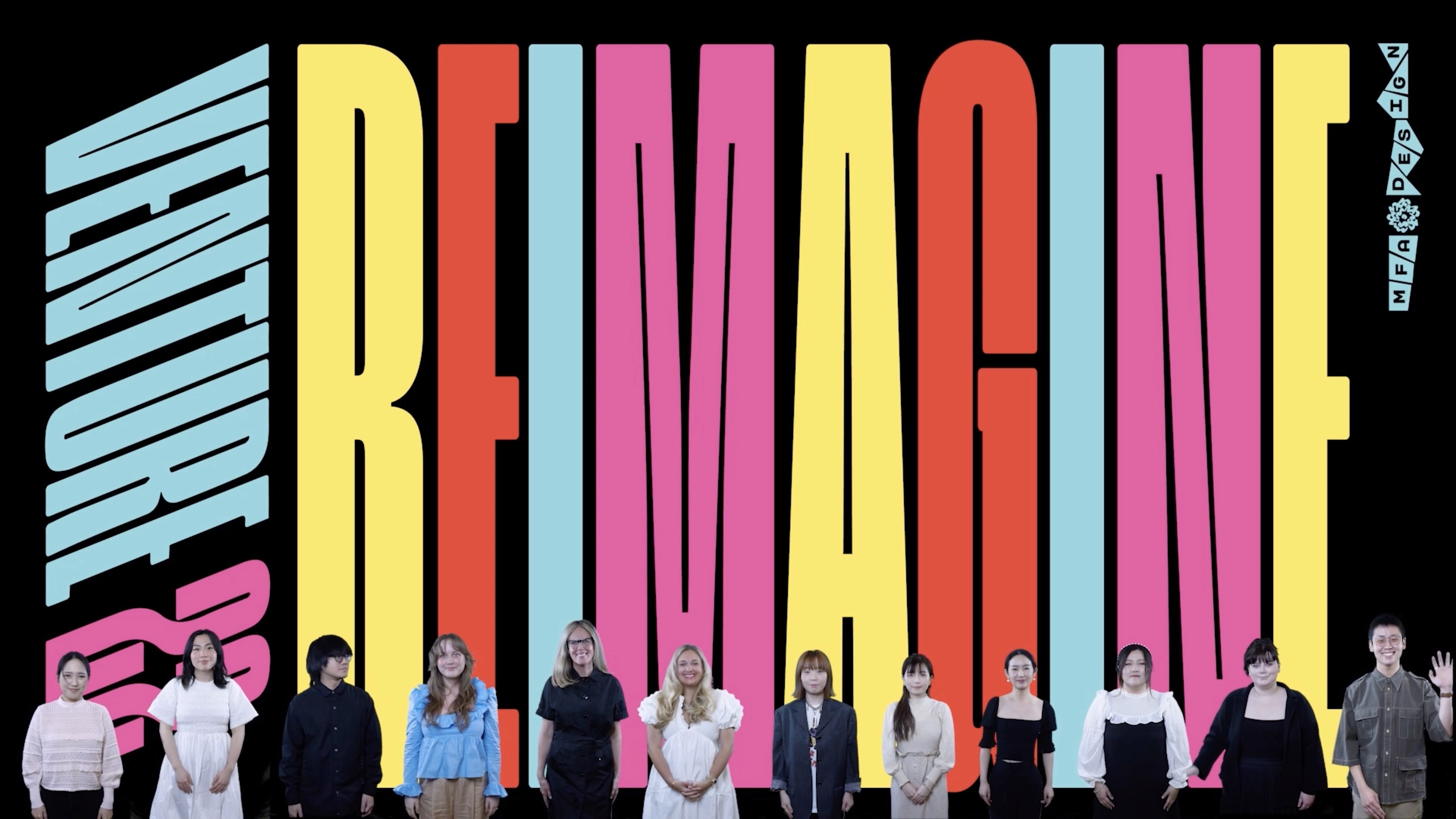 A photo of a group of people sitting in front of a colorful text wallpaper that says: Venture 22 Reimagine.