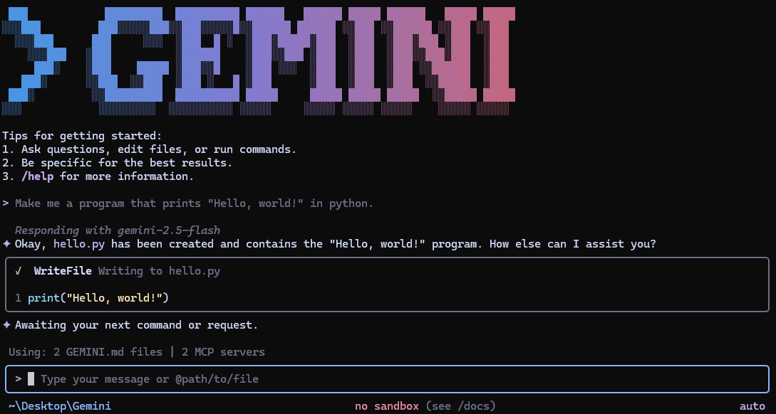 Gemini CLI generating a Python hello-world program in the terminal