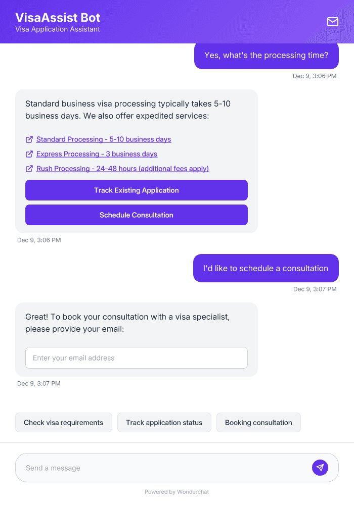Custom Visa Service Messenger Bot for 24/7 Support