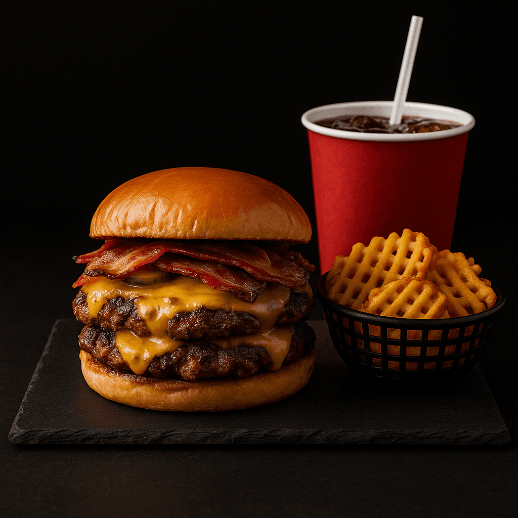 burger on white and red floral table cloth