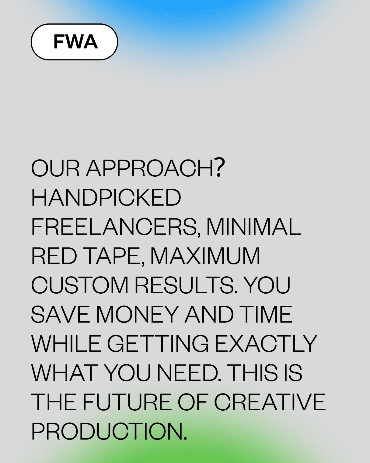 Creative agency poster promoting a flexible freelance-based model with custom results and cost-effective workflow