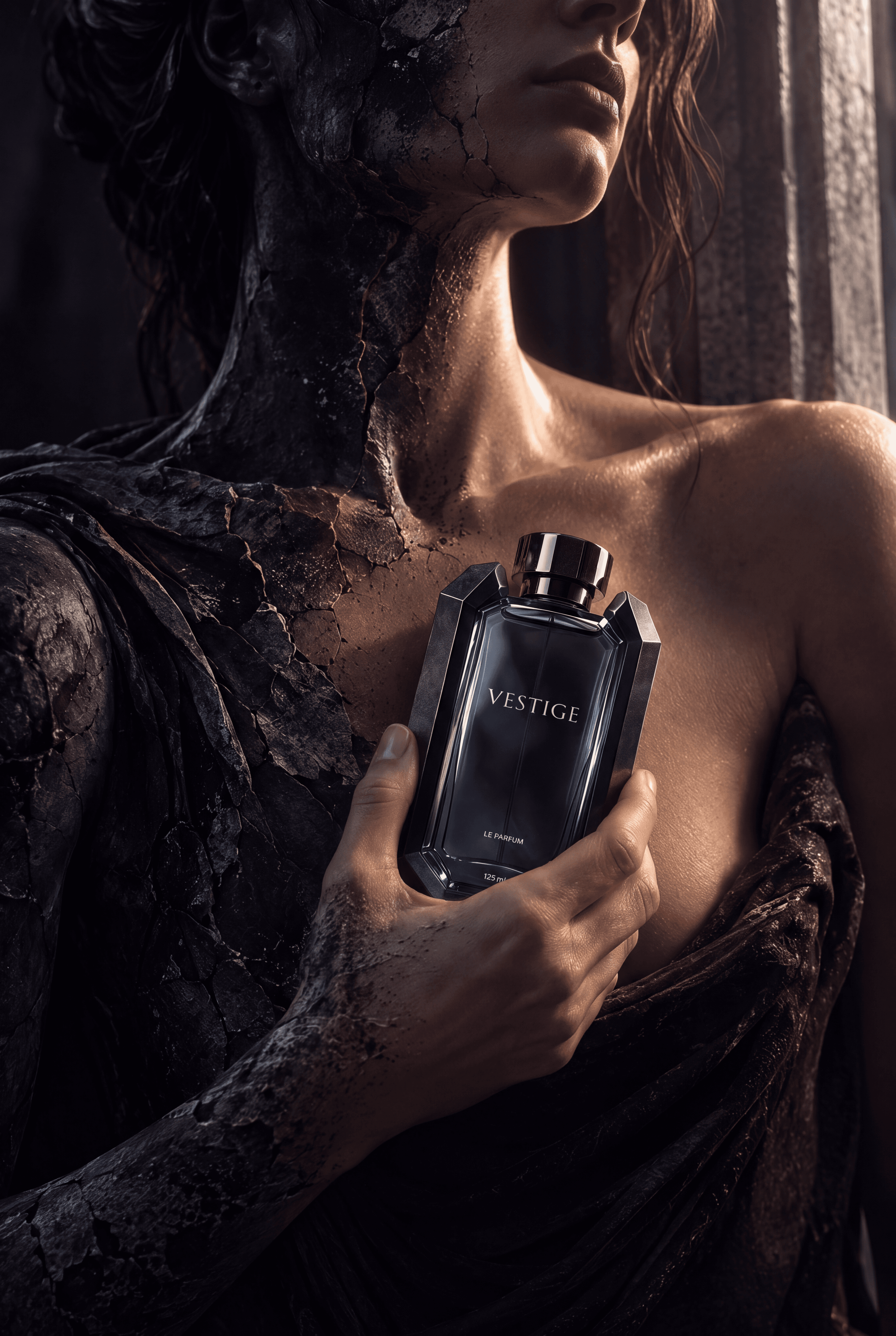 A hand holding the VESTIGE bottle against warm skin and rock.