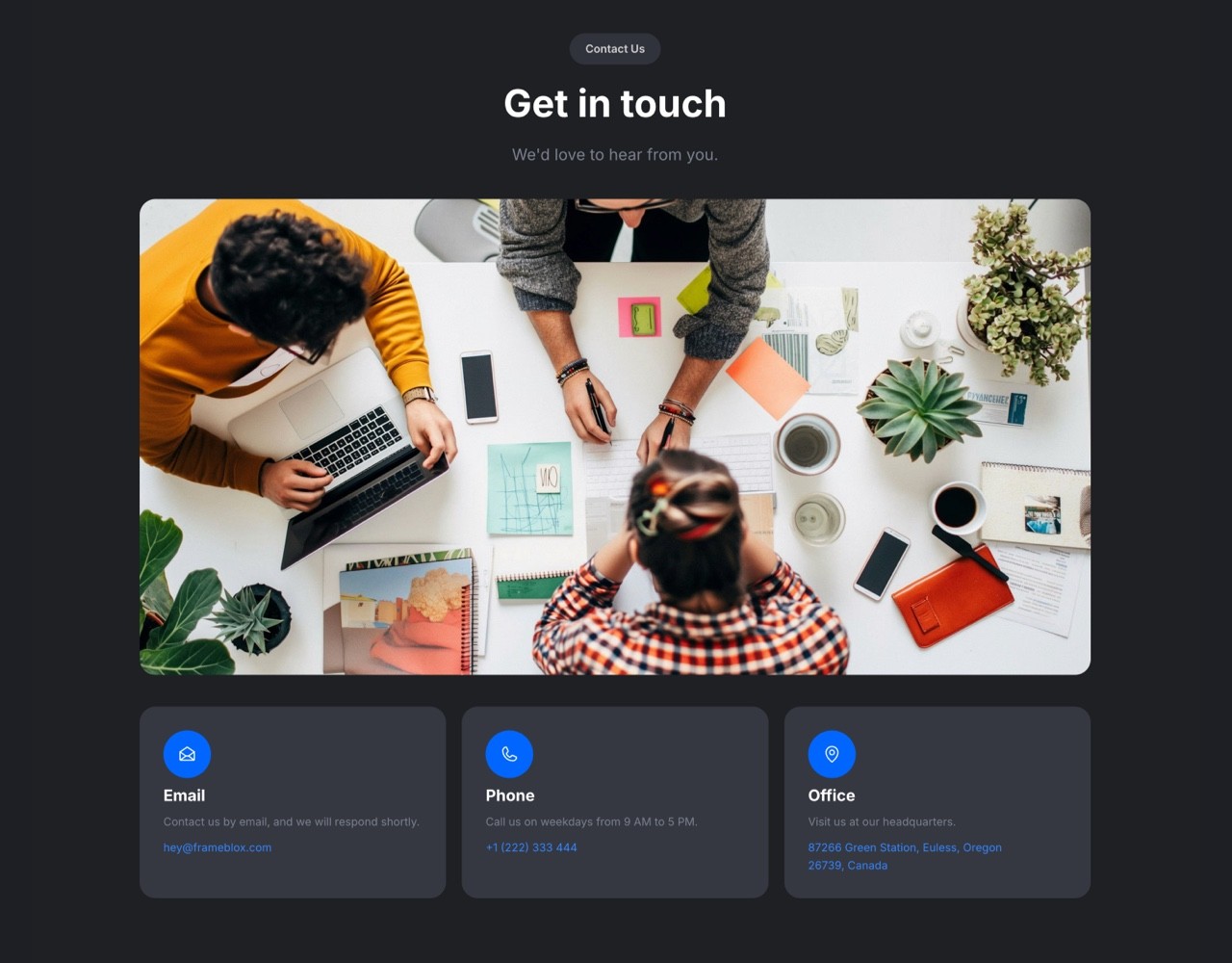 Framer Dark Contact Section - Frameblox UI