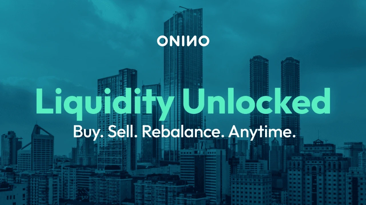 City skyline backdrop illustrating liquidity unlocked for tokenized assets — buy, sell, and rebalance anytime with ONINO