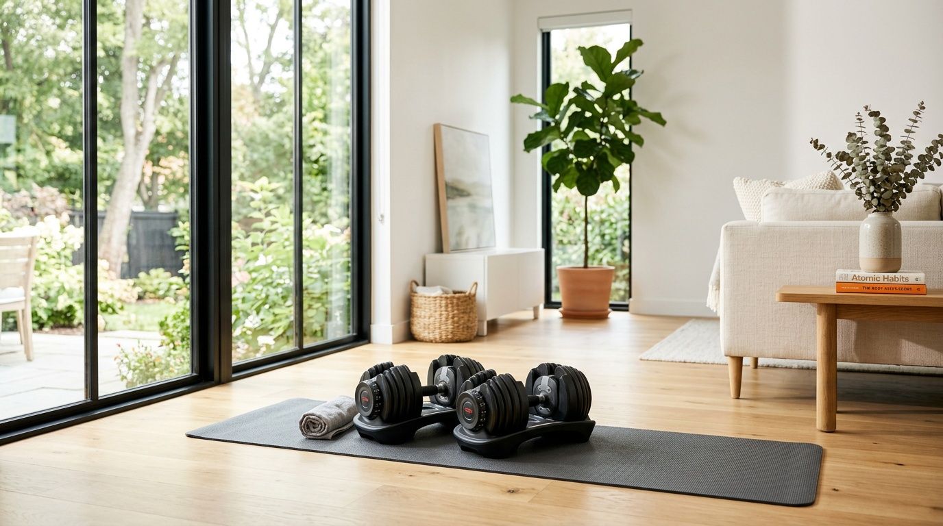 A pair of adjustable dumbbells and a rolled gym towel on a mat in a bright home living area.