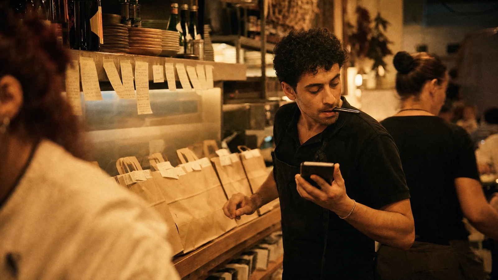Addetto al banco asporto guarda il telefono del locale tra i sacchetti sigillati