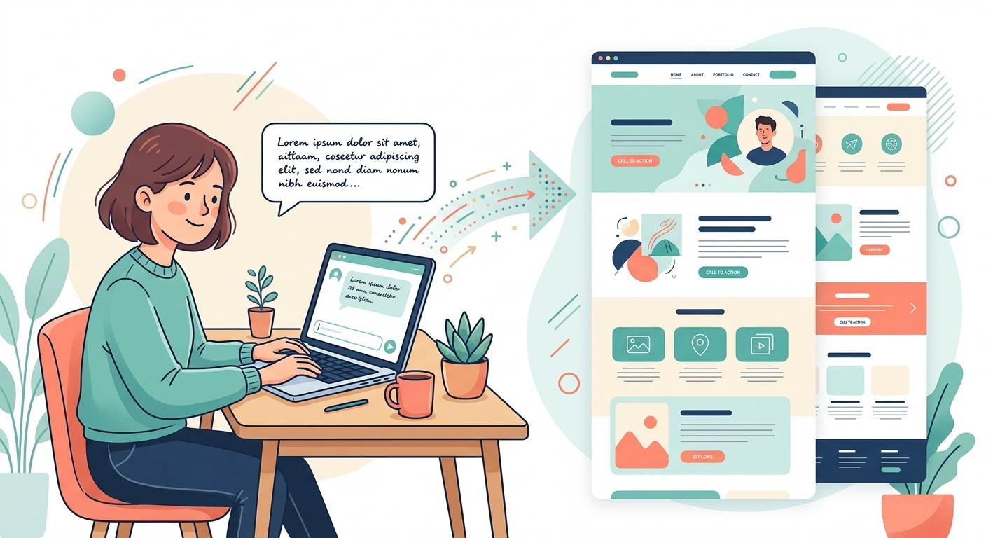 Flat illustration of a person typing a plain-English description into an AI website builder
