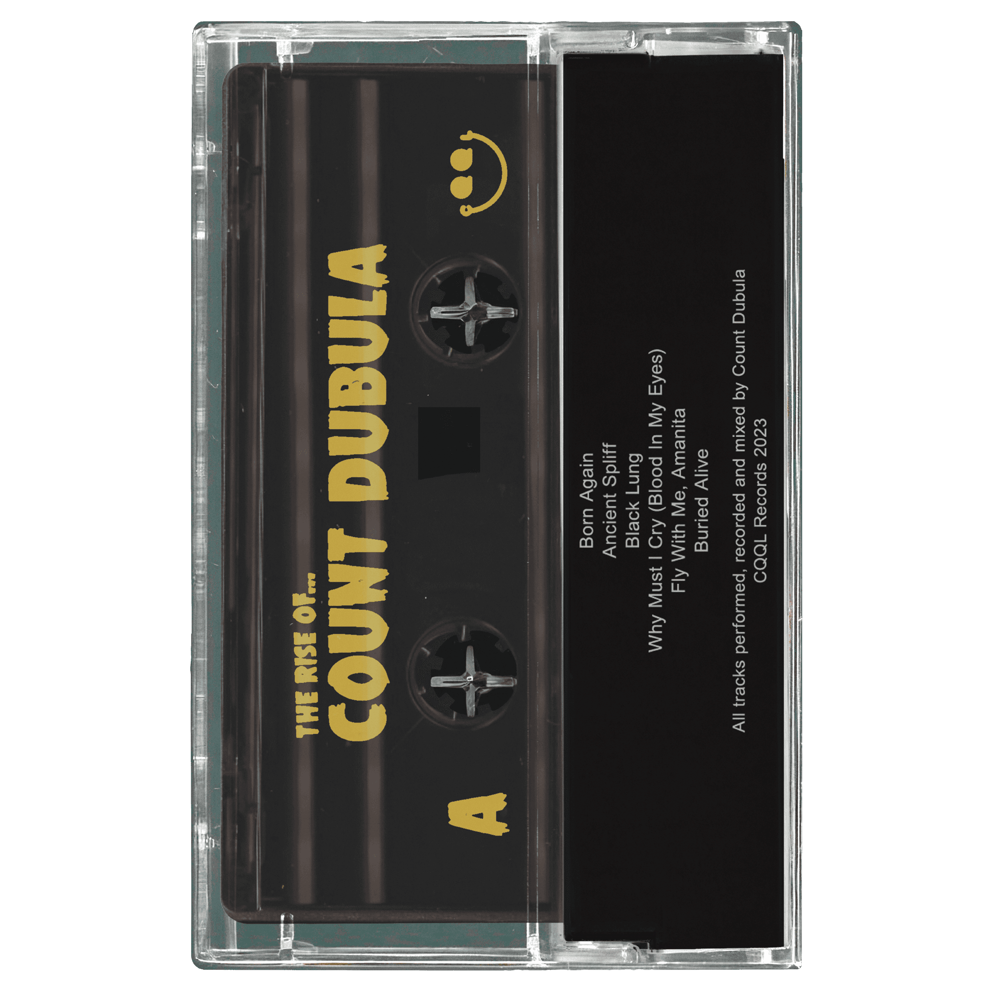 Cassette tape with 'The Rise of Count Dubula' on a clear case