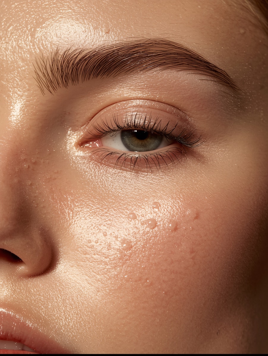 Close-up of a glowing face with freckles, foamy cleanser, and a playful wink, showcasing radiant skin and a skincare routine.