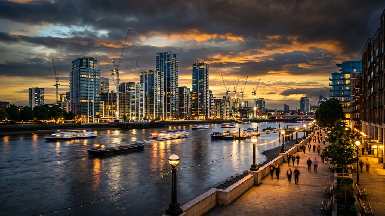 London riverside towers and cranes at dusk, real estate marketing London by TERAMOK