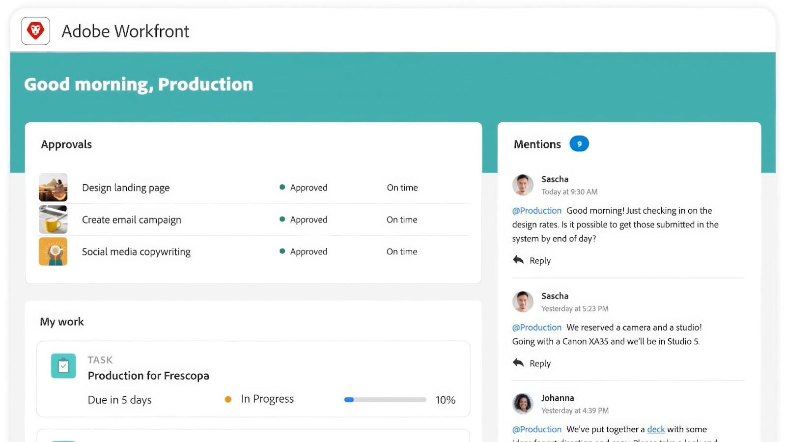 Adobe Workfront's dashboard for creative team approvals and work