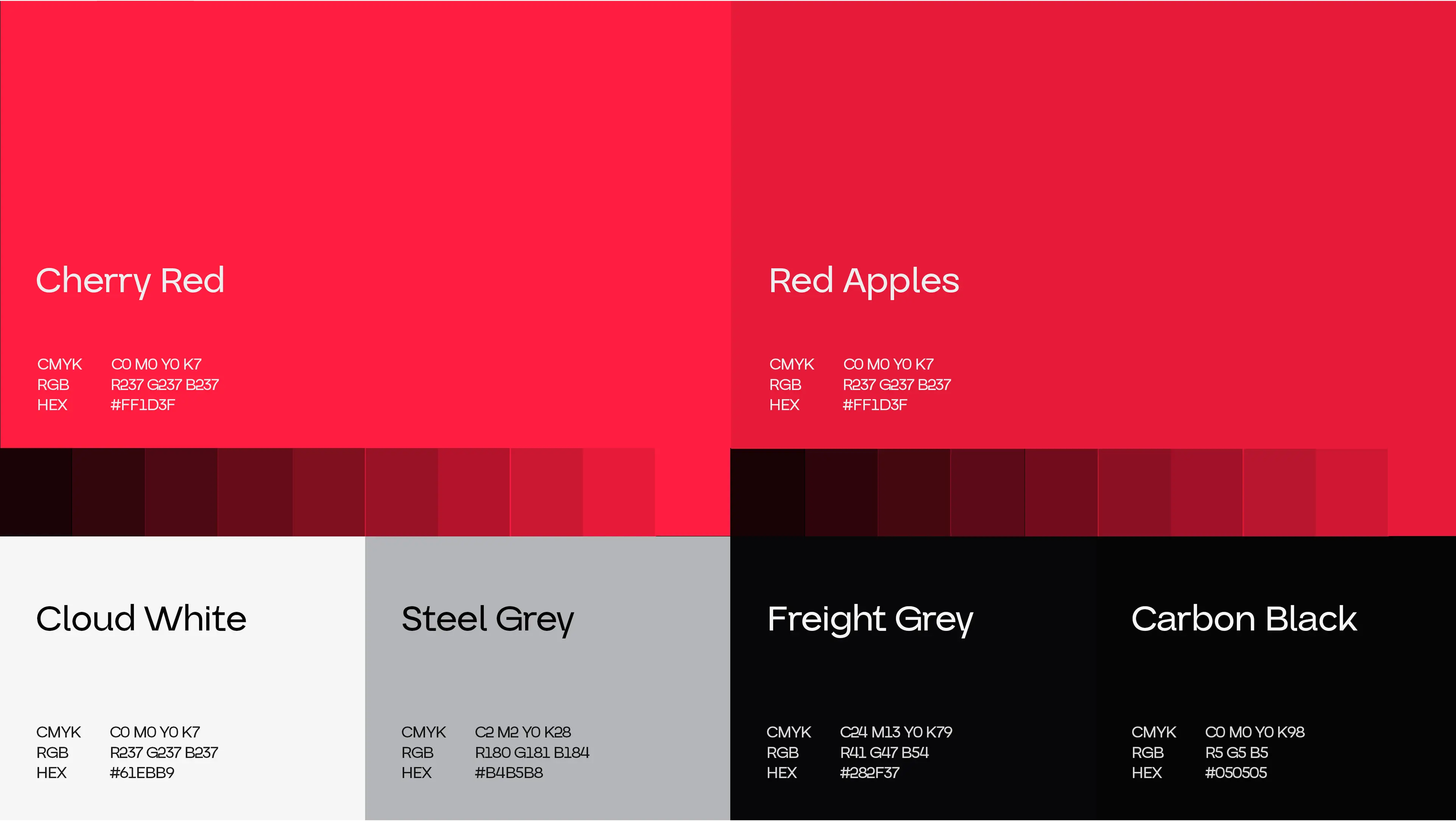 Estudy brand color palette showing Cherry Red and Red Apples primary colors with print and digital color values