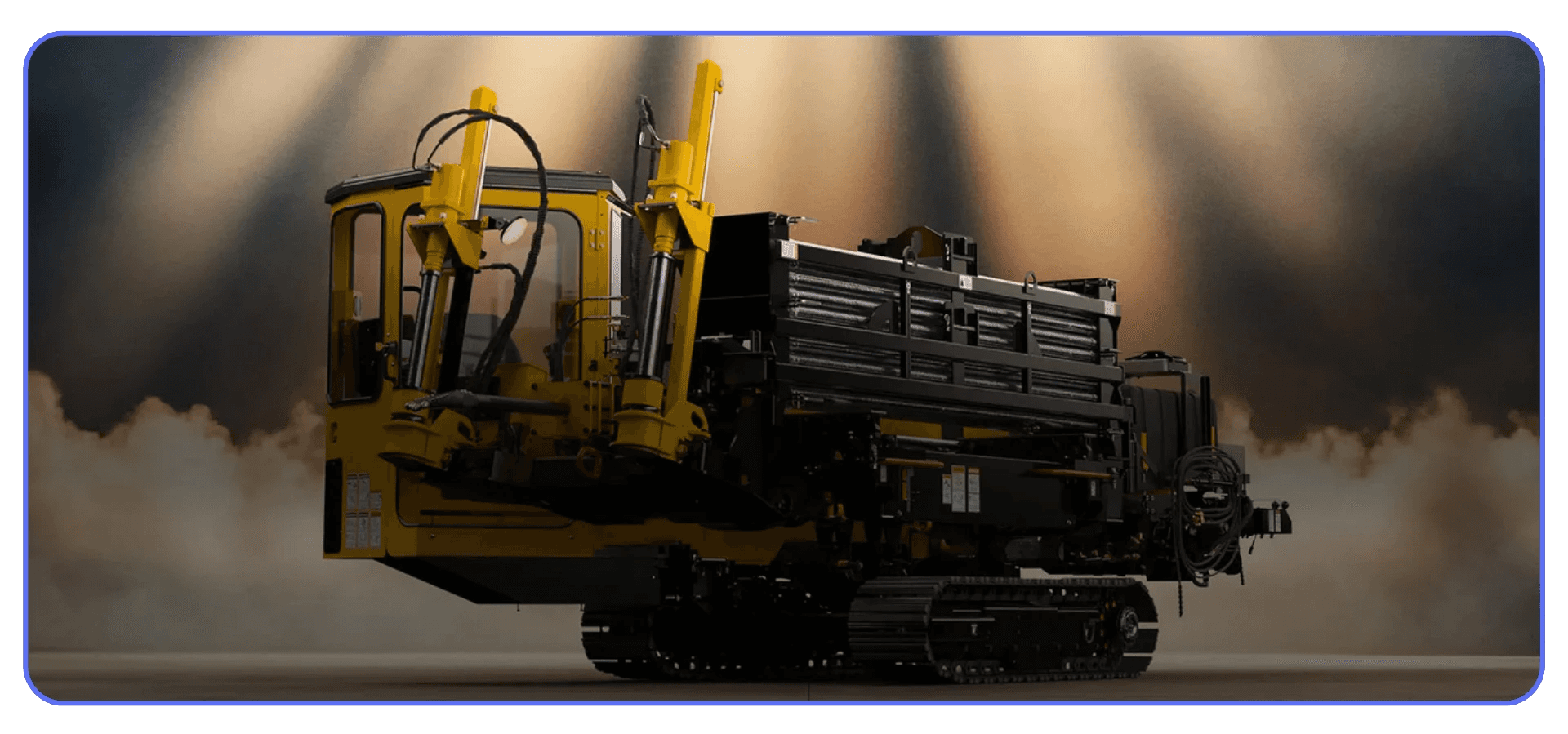 Render of a large industrial tracked machine under dramatic spotlight lighting.