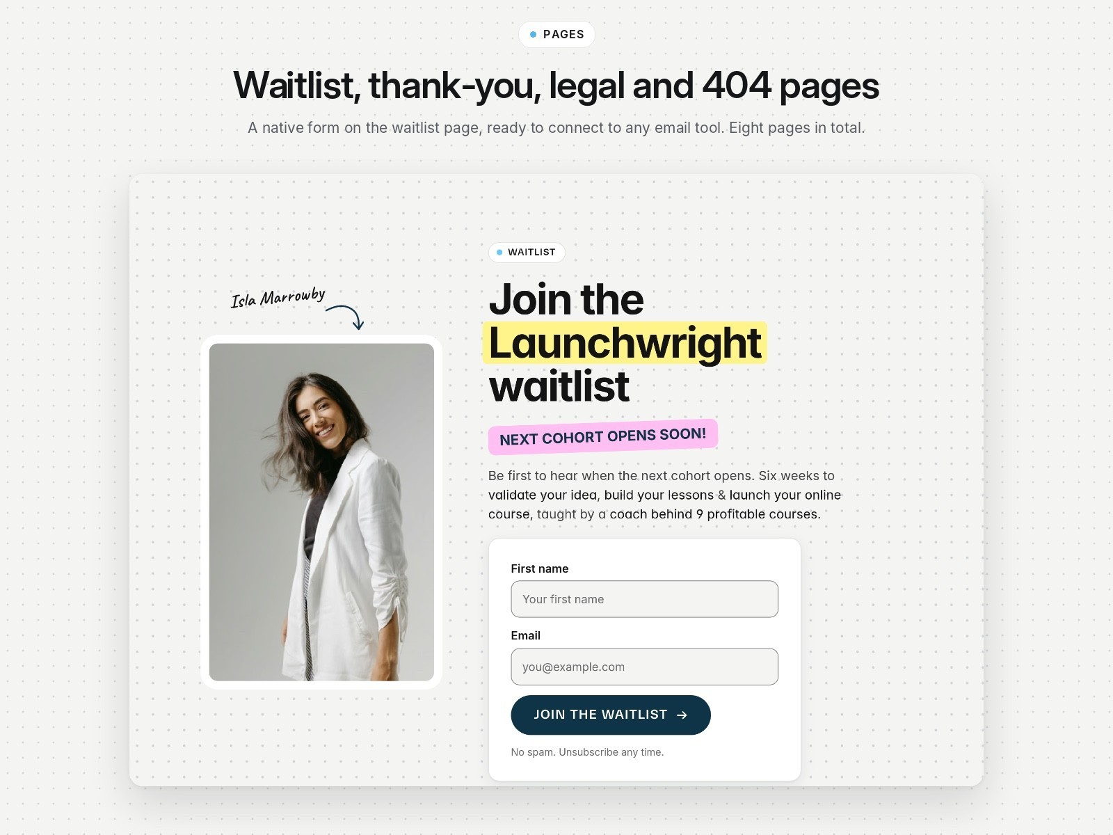 Waitlist page with a coach photo and a sign-up form
