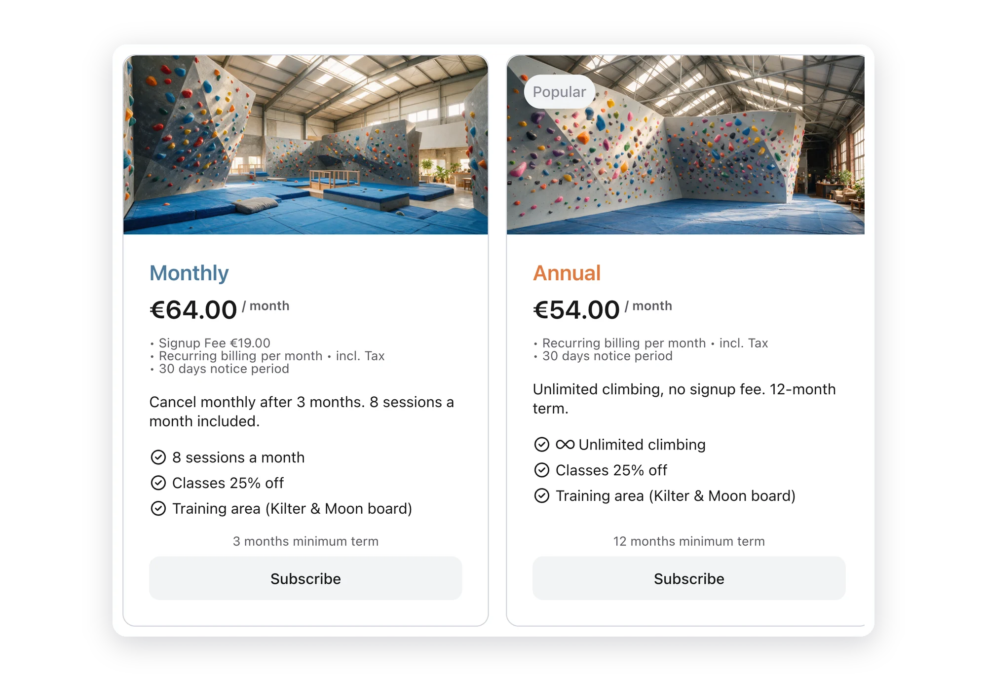 Two memberships at a climbing gym with price, signup fee, notice period and perks