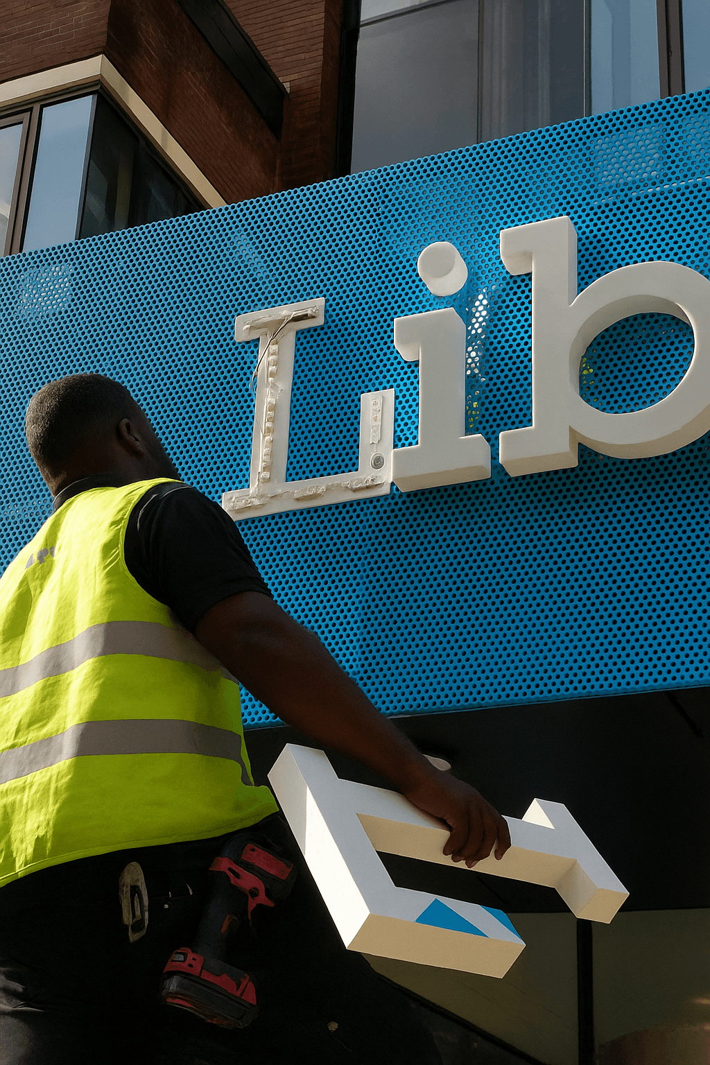 Un ouvrier de l'entreprise nommé LeGraveur en martinique vêtu d'un gilet haute visibilité installe une lettre sur un panneau bleu vif. Il tient une lettre blanche, faisant preuve de concentration et de précision devant un bâtiment moderne en arrière-plan.