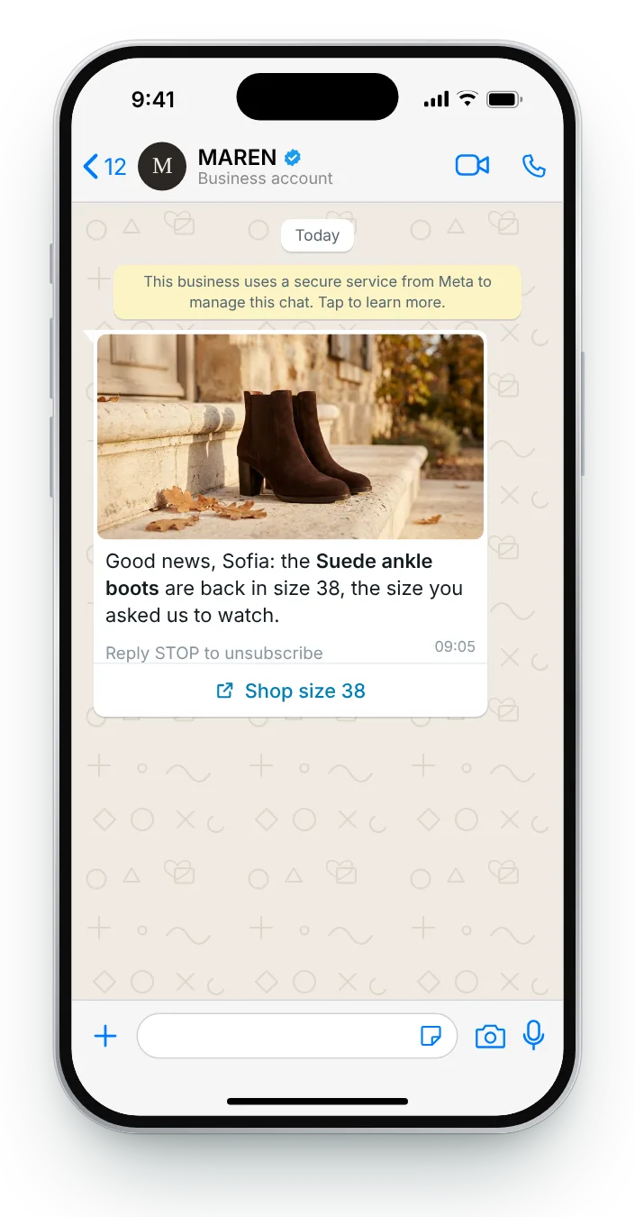 The exact size they asked for: WhatsApp restock alert on an iPhone