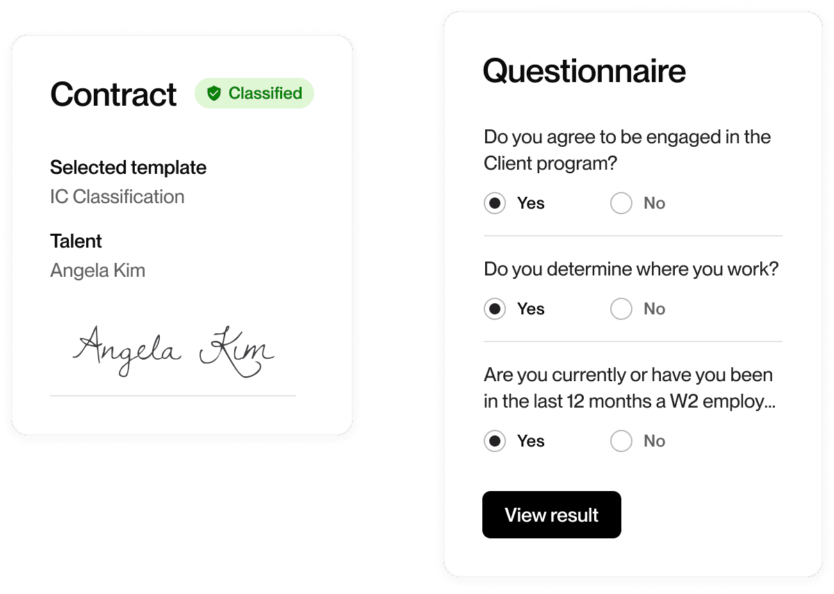 Contract card for Talent marked classified with IC Classification template, beside a questionnaire with yes/no questions and view result button.