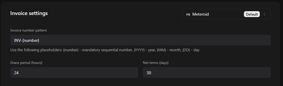 Example of how Net Terms can be configured in Meteroid at invoicing entity level