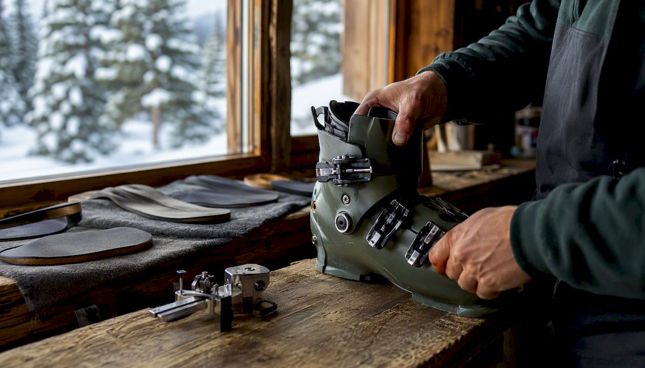 Ski boot shell beside foot-measurement tools