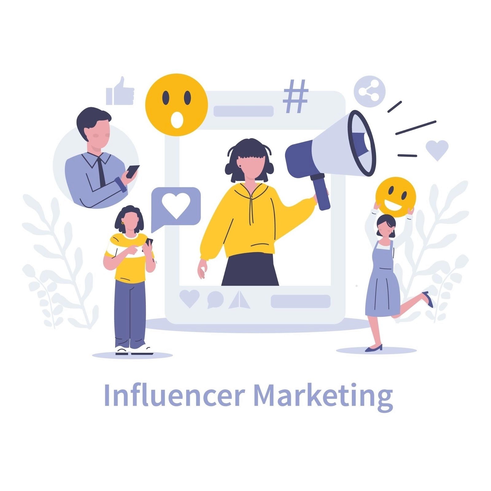 Influencer marketing campaign with creator holding megaphone and audience engaging with likes and views