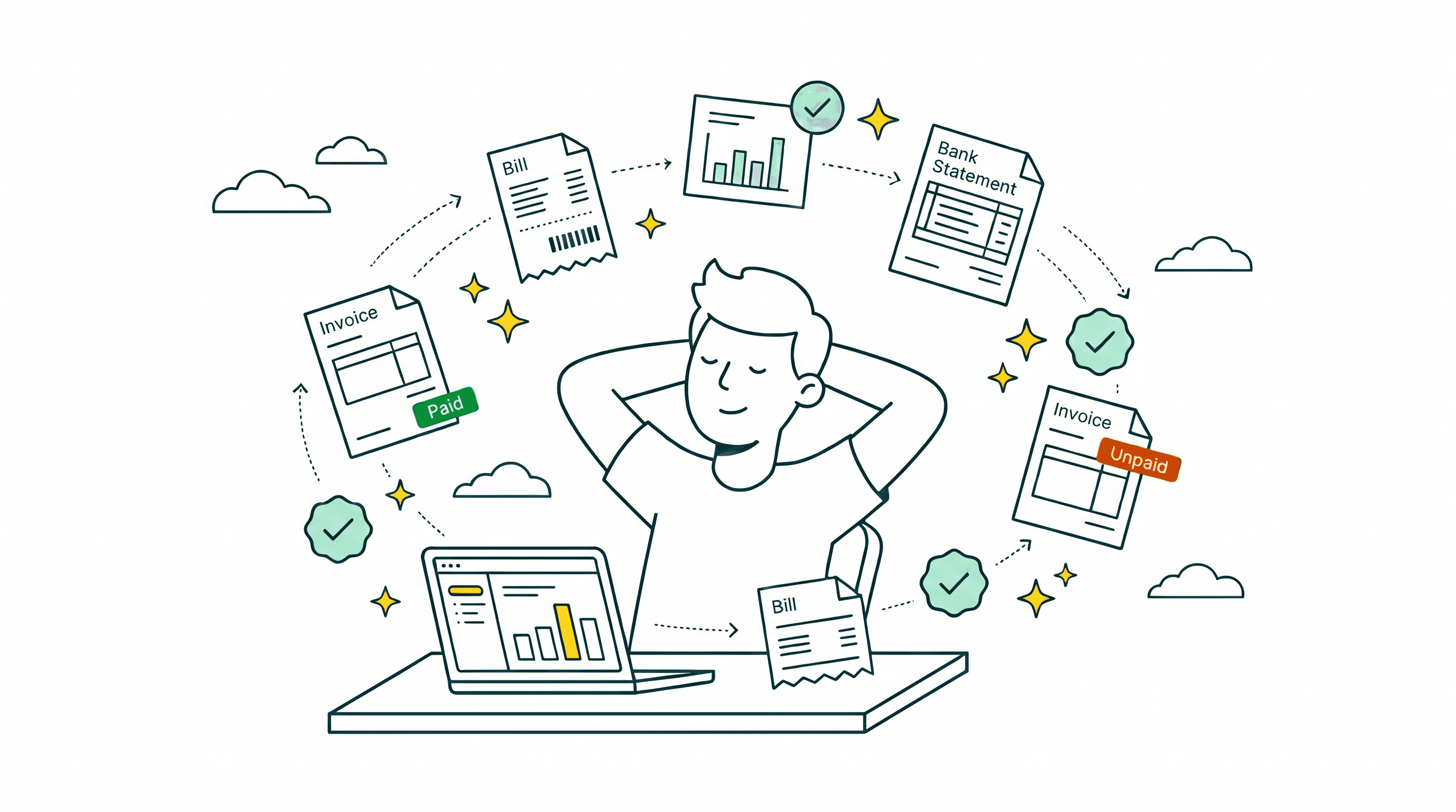 Men at desk with laptop surrounded by floating invoices and payment badges — finance automation for small business