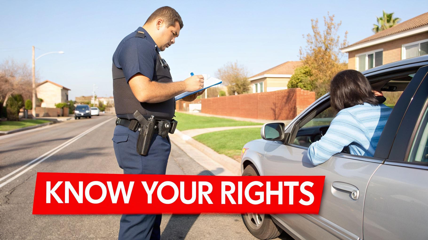 Police officer writing a citation for a driver during a traffic stop, with 'Know Your Rights' banner.
