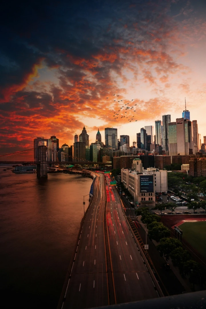 Sunset over Manhattan Bridge, NY.