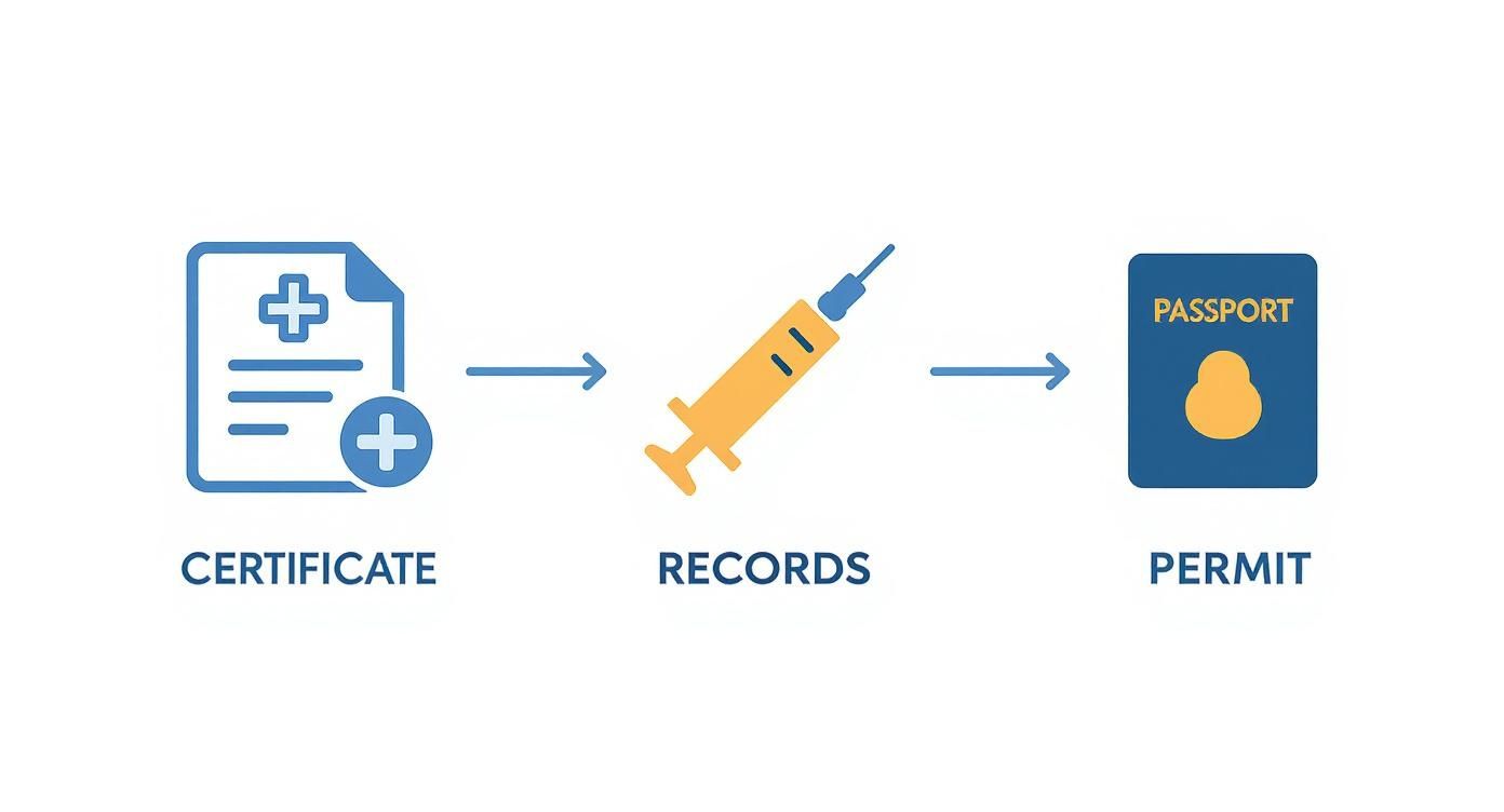 Infographic showing a medical certificate leading to vaccination records and then to a passport permit.