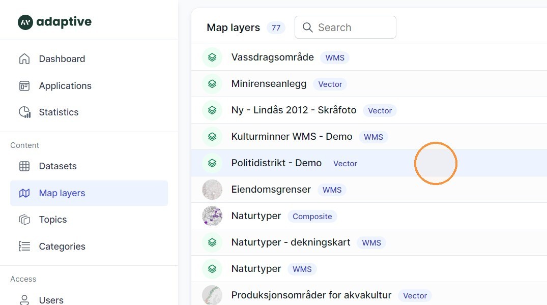 Steg 1: Gå til fanen "Map layers" og klikk kartlaget du vil kopiere. Dette bør være et kartlag basert på et datasett.