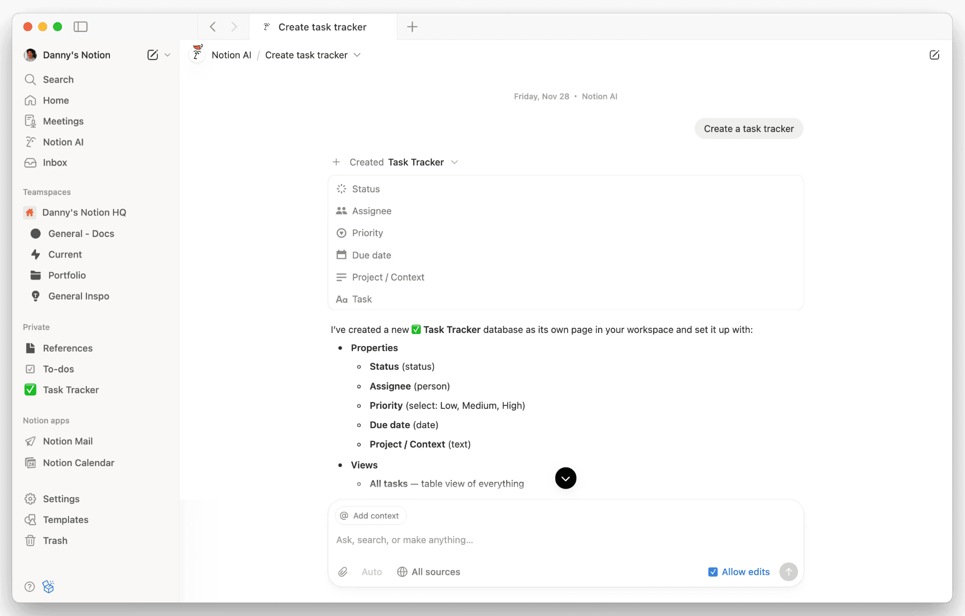 Screenshot of Notion showing an automatically generated “Task Tracker” database with fields for status, assignee, priority, due date, and project context, alongside the workspace sidebar.