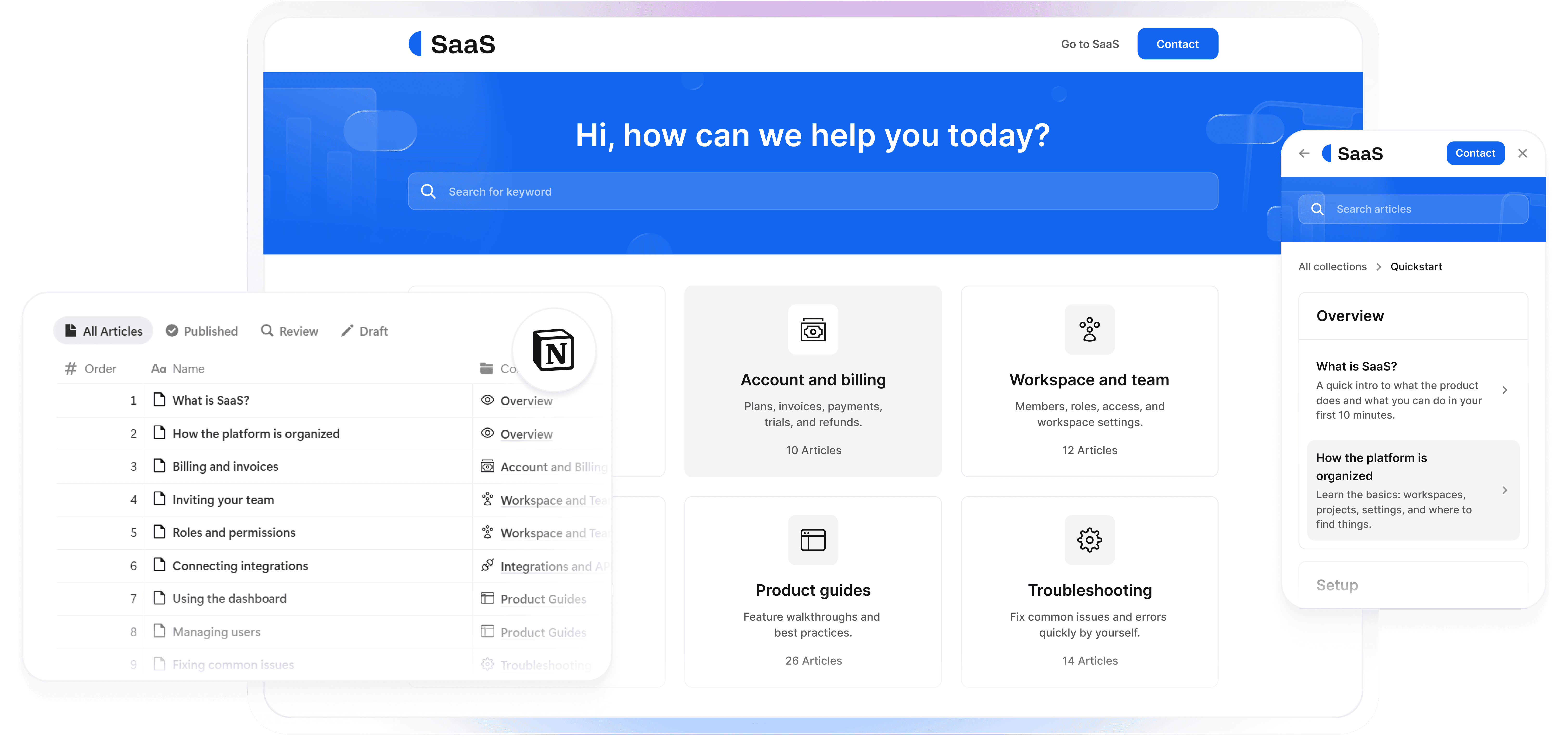 Helpview Notion based help center for SaaS teams showing searchable documentation and embedded support widget.