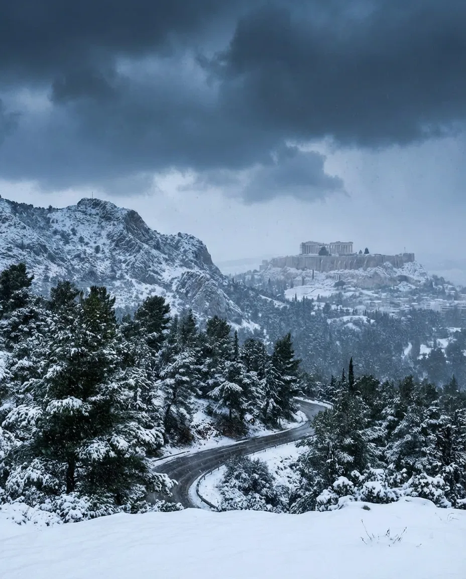 Dramatic winter scene over Greece with snow covered mountains and storm clouds