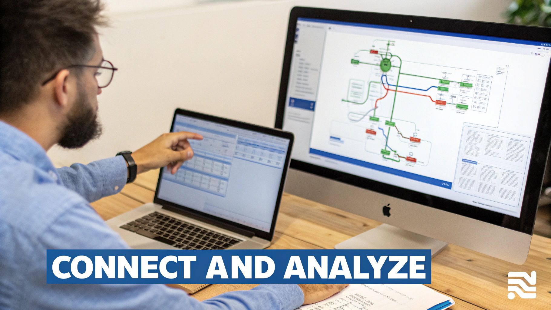 A person connects and analyzes data on dual computer screens displaying diagrams and tables.