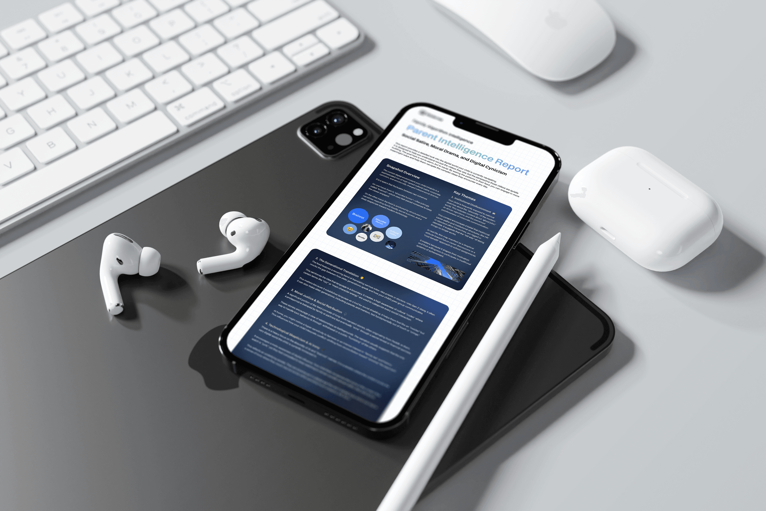 Man with glasses and tied-back hair writing on a tablet while seated at a desk in a softly lit room.